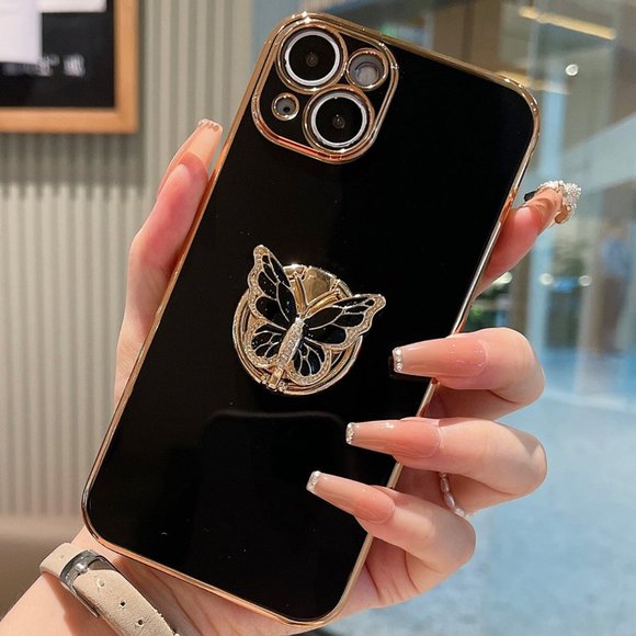 iPhone 15/14/13/12 Case , 3d Rhinestone Butterfly, Liquid Silicone Stand - Picture 4 of 5